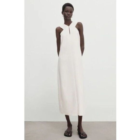 Massimo Dutti Womens Midi Dress Size S off White Halter Neck 6662/632 NWT - Picture 1 of 11